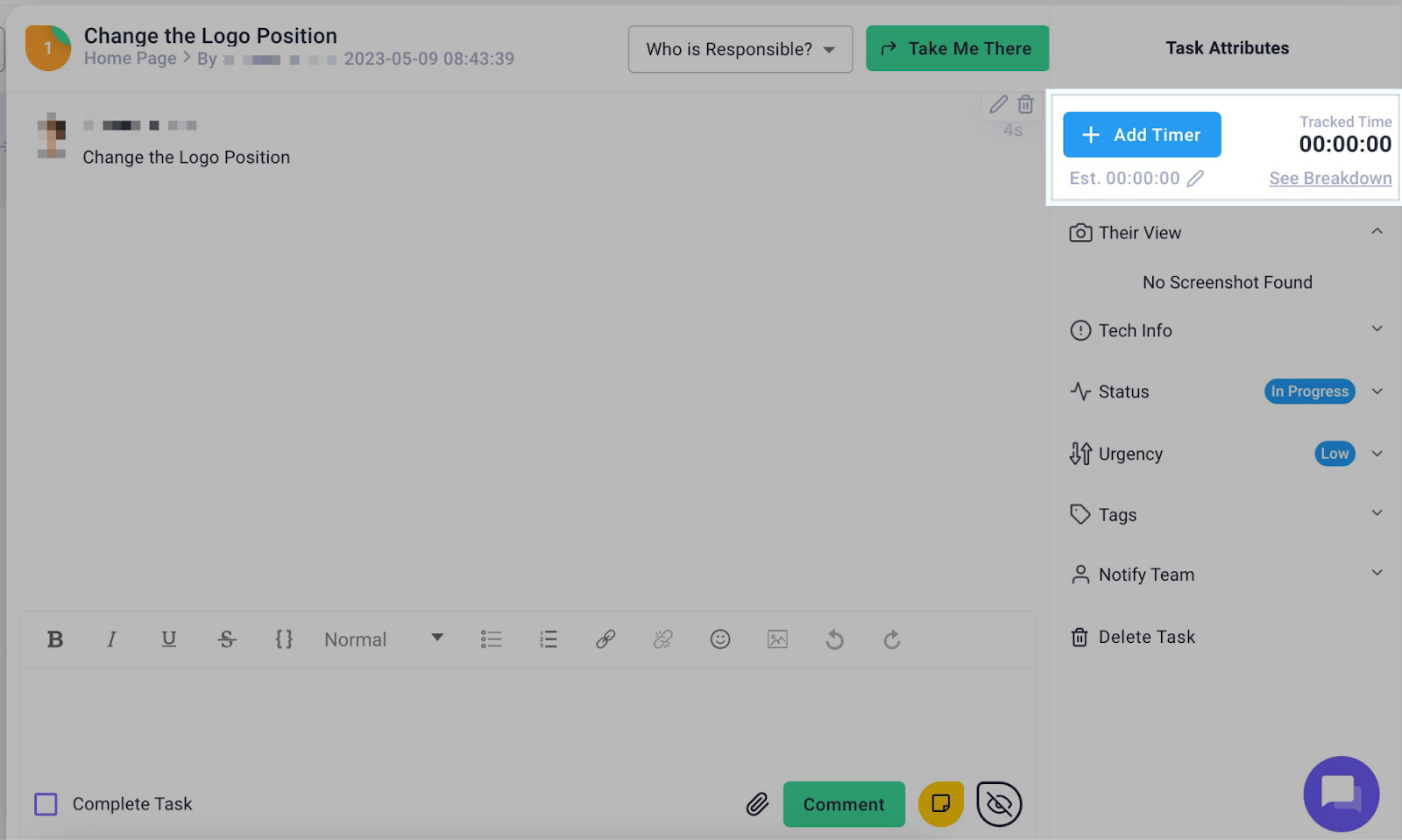 start a timer inside the Atarim task